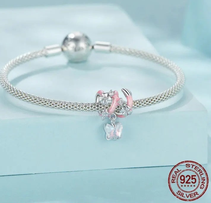 Sparkling Butterfly with Flower Pink Enamel Bead Charm