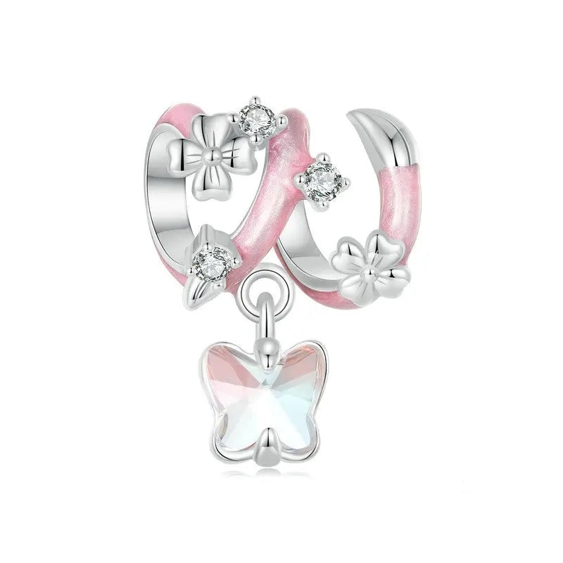 Sparkling Butterfly with Flower Pink Enamel Bead Charm