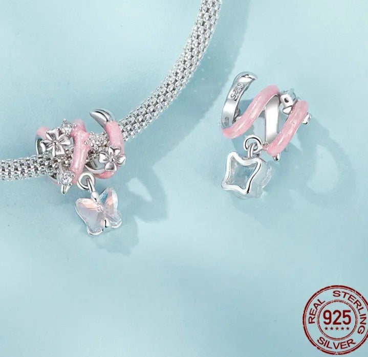 Sparkling Butterfly with Flower Pink Enamel Bead Charm