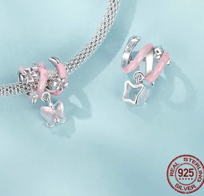 Sparkling Butterfly with Flower Pink Enamel Bead Charm