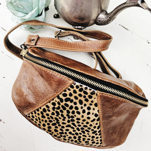 The Fabulous Genuine Leather Moon Bag in Tan and Leopard Print
