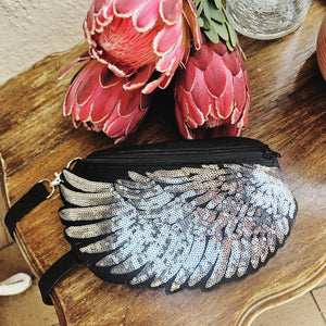 The Fabulous Genuine Leather Mini Moon Bag in Black with Silver Wing Sequins