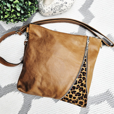 The Fabulous Genuine Leather Zipper Leopard Crossbody Bag in Tan