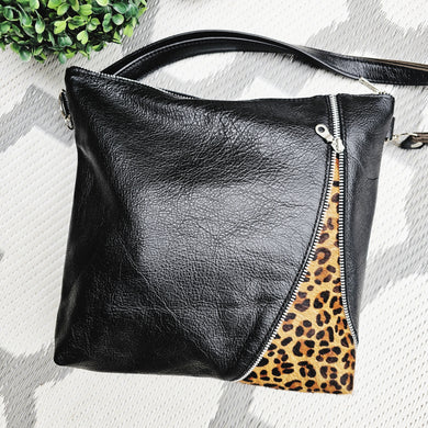 The Fabulous Genuine Leather Zipper Leopard Crossbody Bag in Black