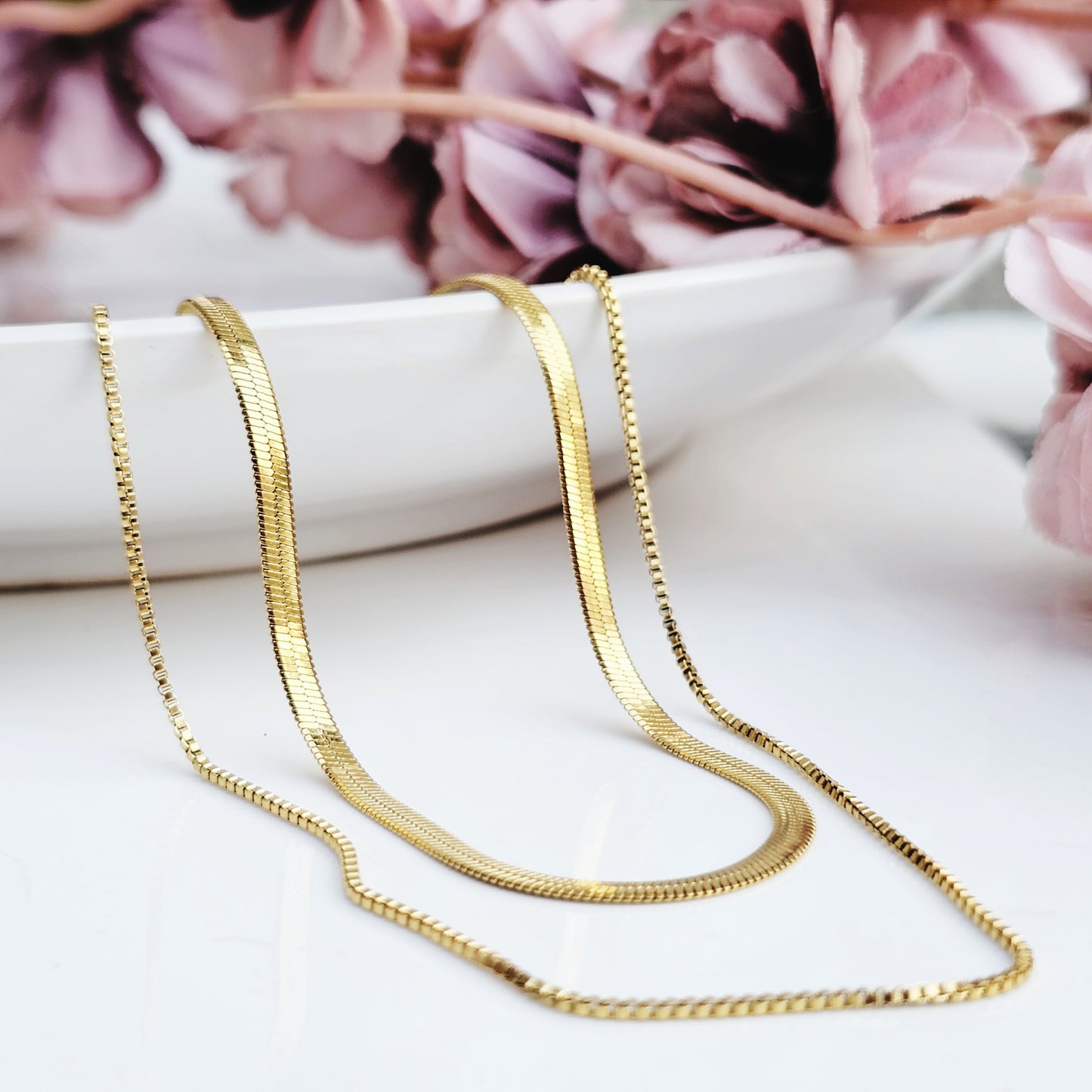 Stainless Steel 18k Gold Layered Herringbone Necklace - Water & Tarnish Proof