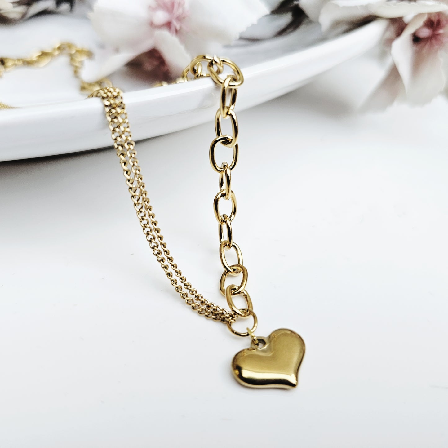 18k Gold Plated Stainless Steel Statement Heart Necklace And/Or Bracelet