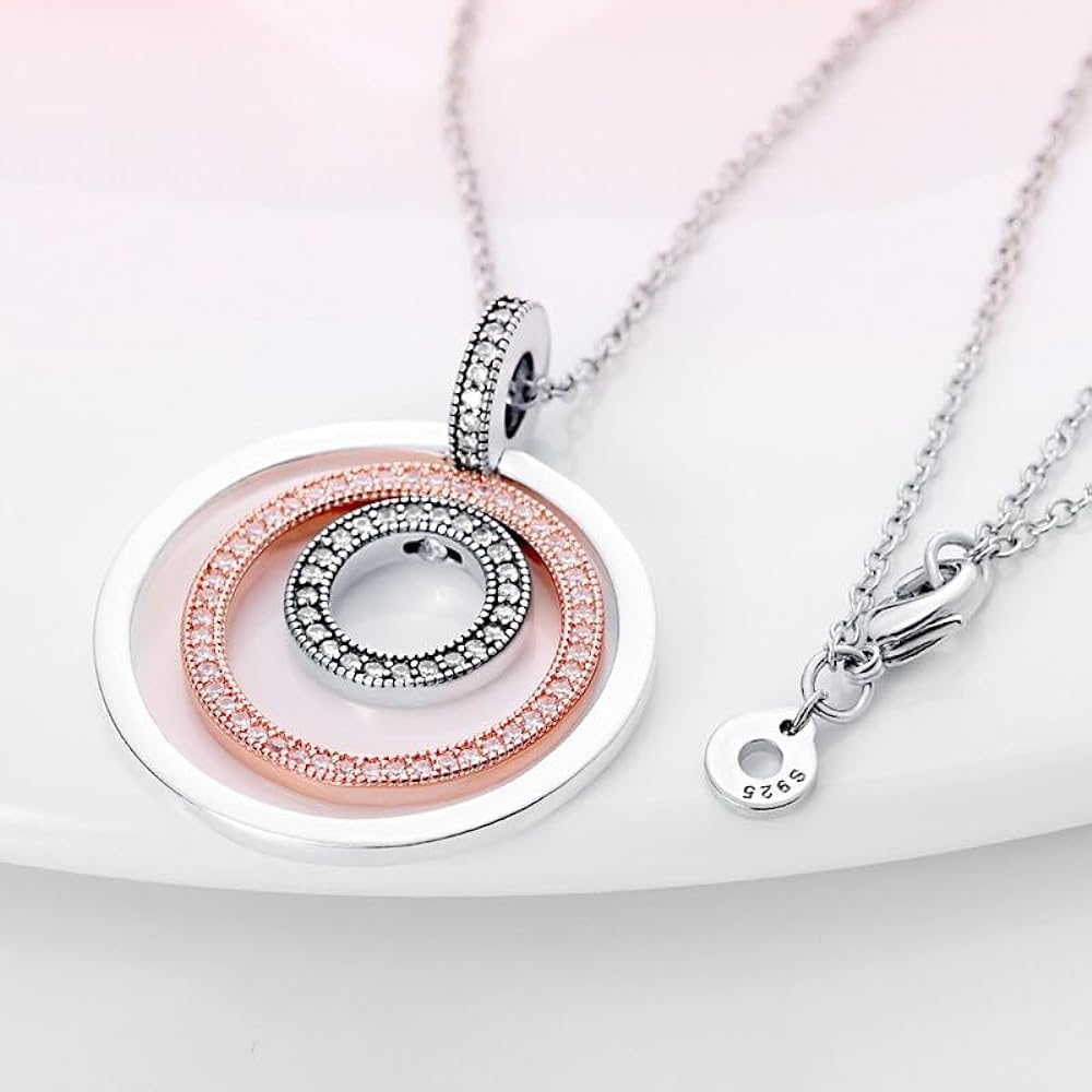 Two Tone Clear CZ And Rose Gold Plated Triple Circle Neclace Pendant