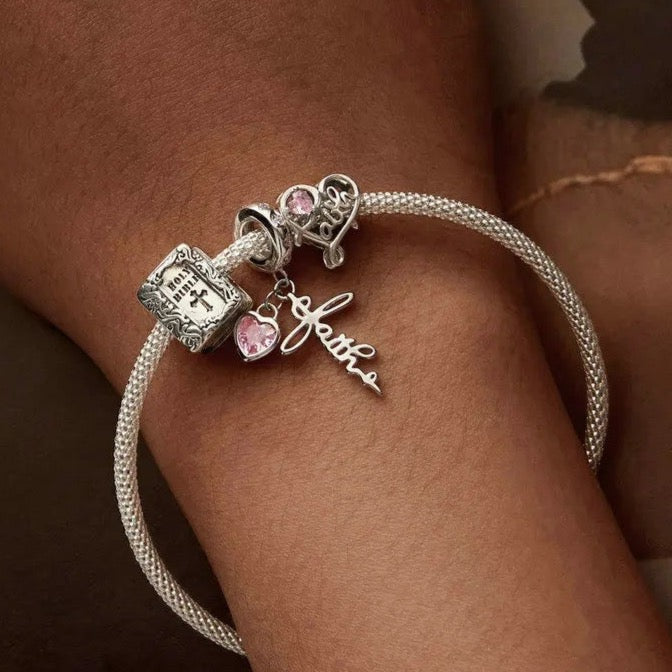 Faith Pink CZ Openwork Heart Bead Charm