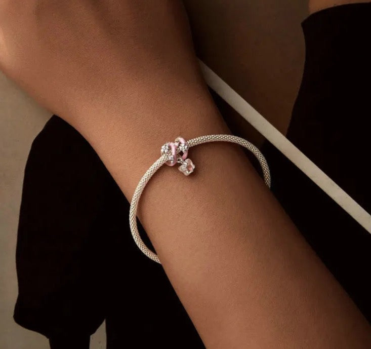 Sparkling Butterfly with Flower Pink Enamel Bead Charm