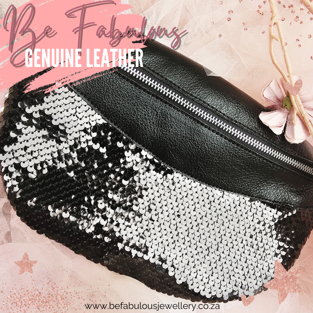 The Fabulous Genuine Leather Moon Bag in Black with Sequins