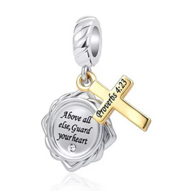 925 Sterling Silver GOLD PLATED Cross Bible Verse Dangle Charm