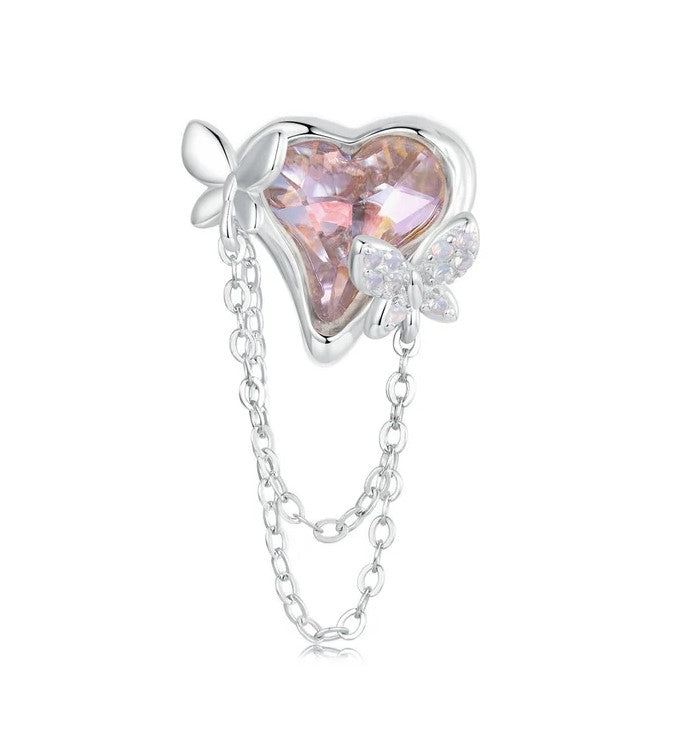 Opal Pink Heart and Butterfly Tassle Bead Charm