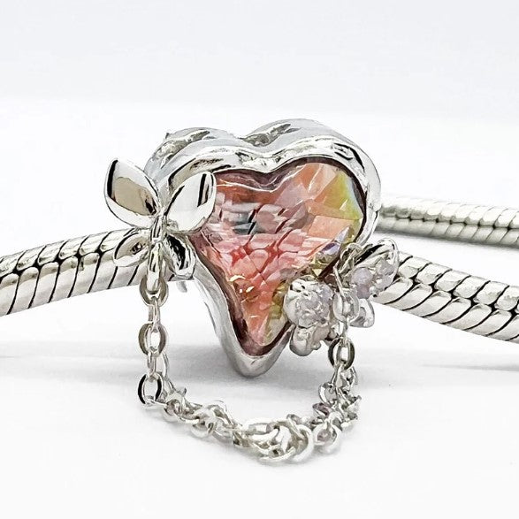 Opal Pink Heart and Butterfly Tassle Bead Charm