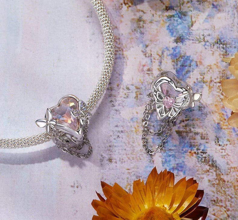 Opal Pink Heart and Butterfly Tassle Bead Charm