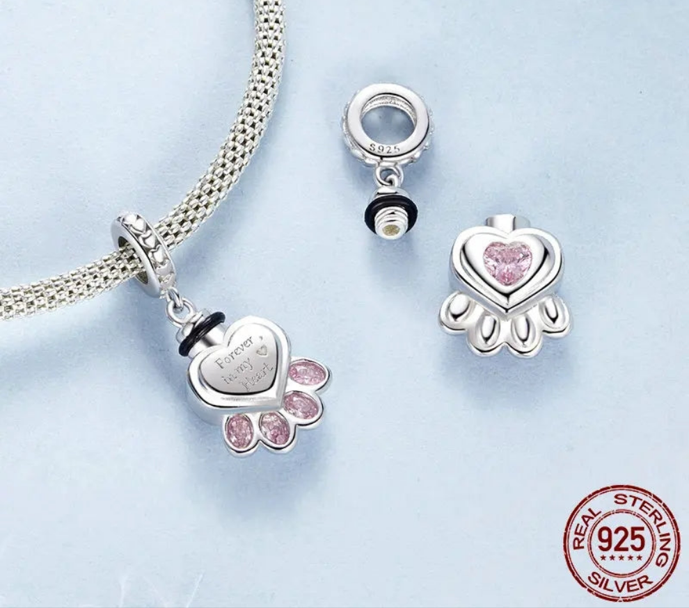Paw Urn for Ashes Dangle Charm – Silver Bead Charm for Pet Memorial, Keepsake Jewelry for Ashes