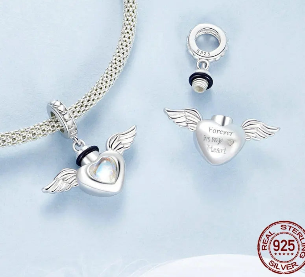 Heart Memorial Urn Ashes Pendant Dangle Charm – Silver Bead Charm for Bracelets, Keepsake Jewelry for Ashes