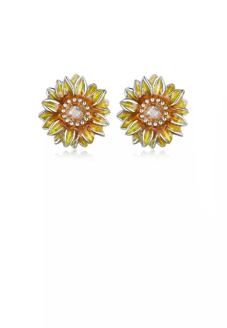Yellow CZ Sunflower Stud Earrings