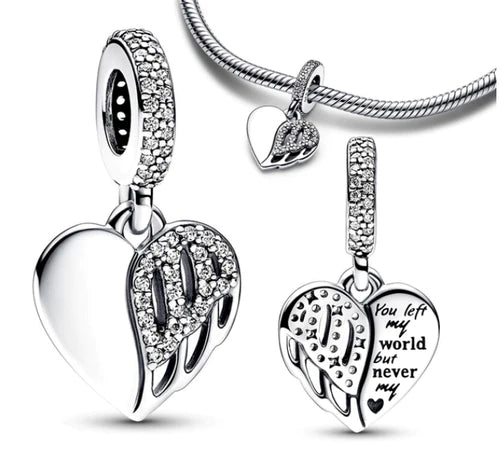 “You left my world, but never my Heart” Angel Wings Dangle Charm