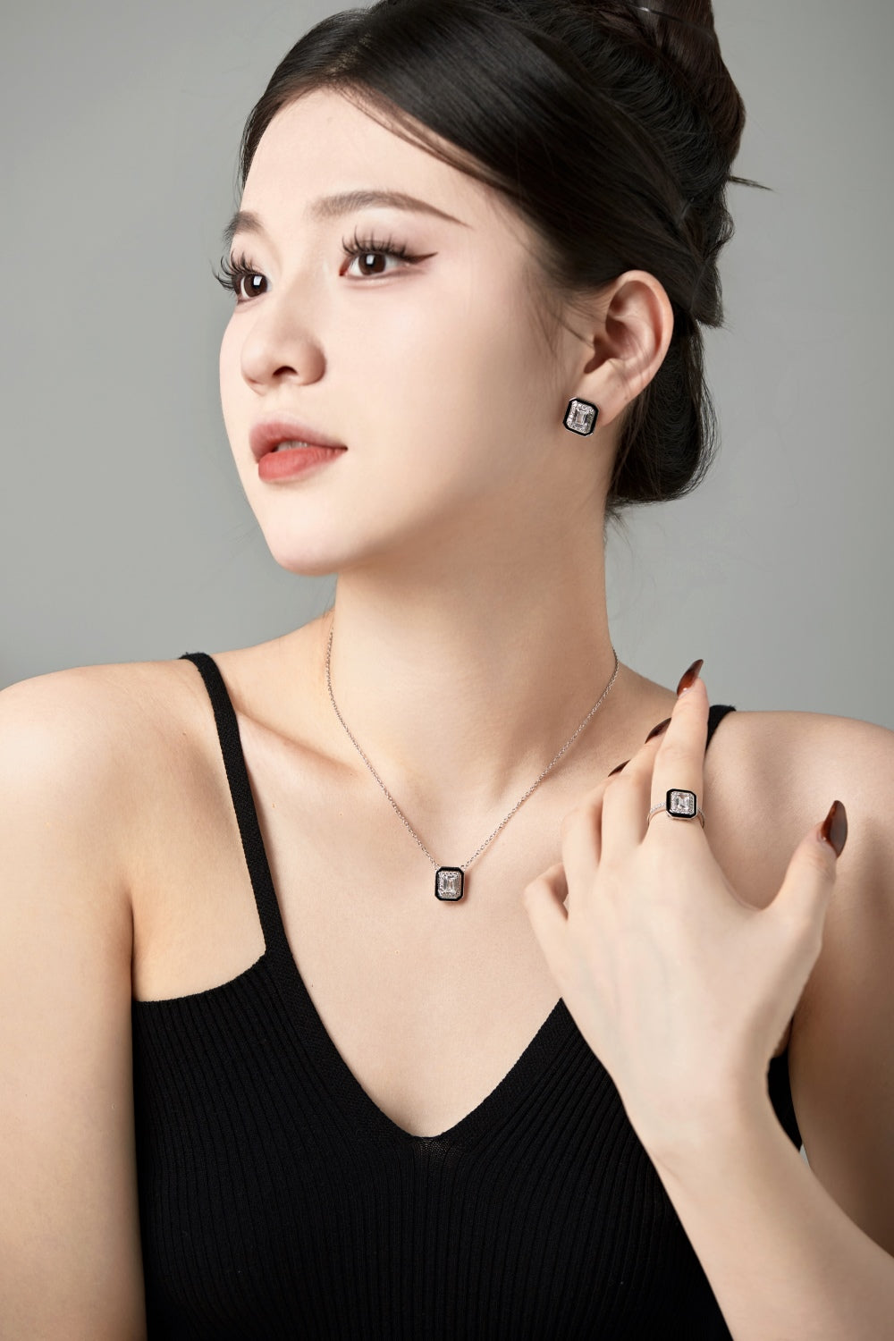 CZ and Black Enamel Rectangle Ring
