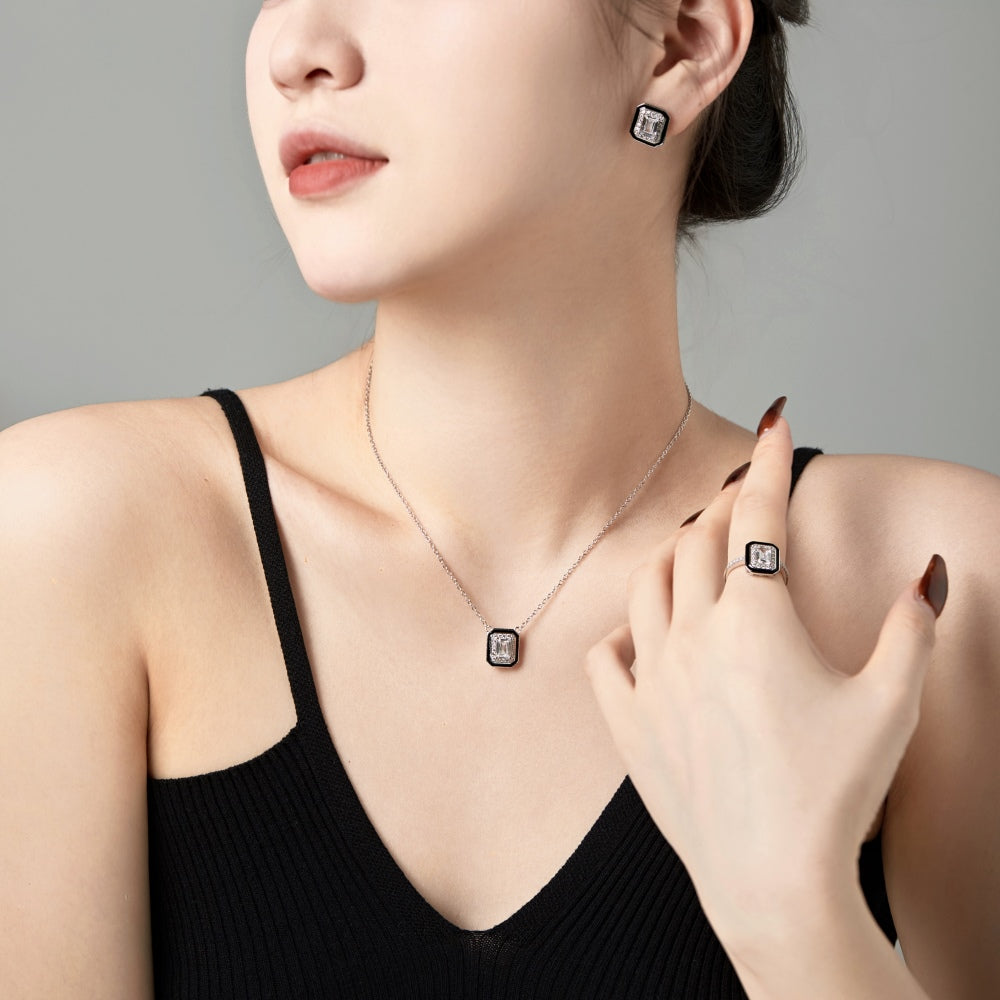 CZ and Black Enamel Rectangle Ring