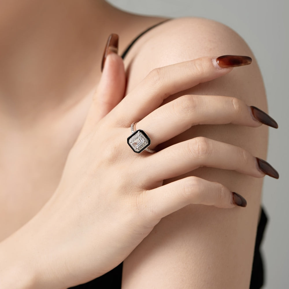 CZ and Black Enamel Rectangle Ring
