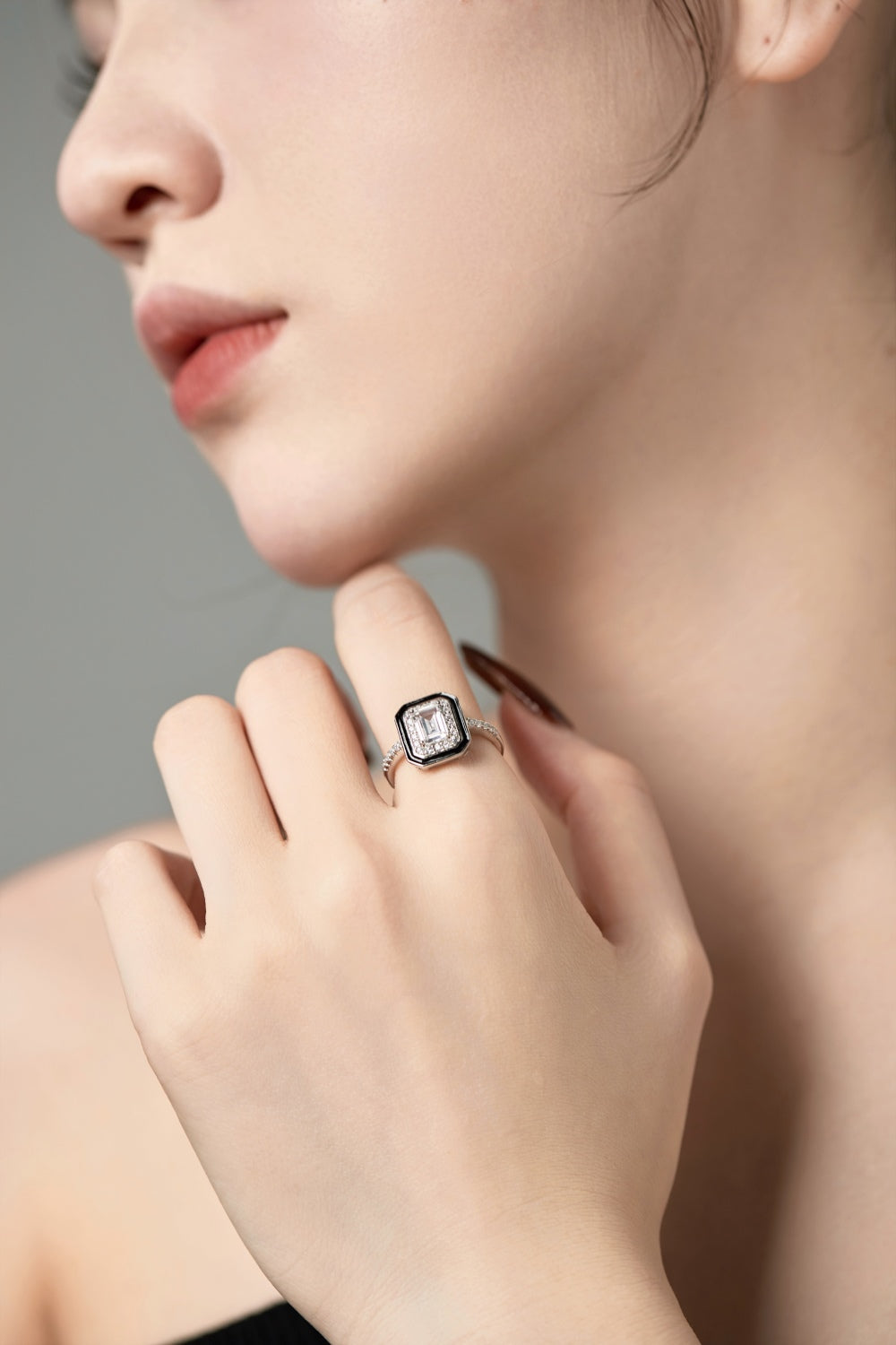 CZ and Black Enamel Rectangle Ring