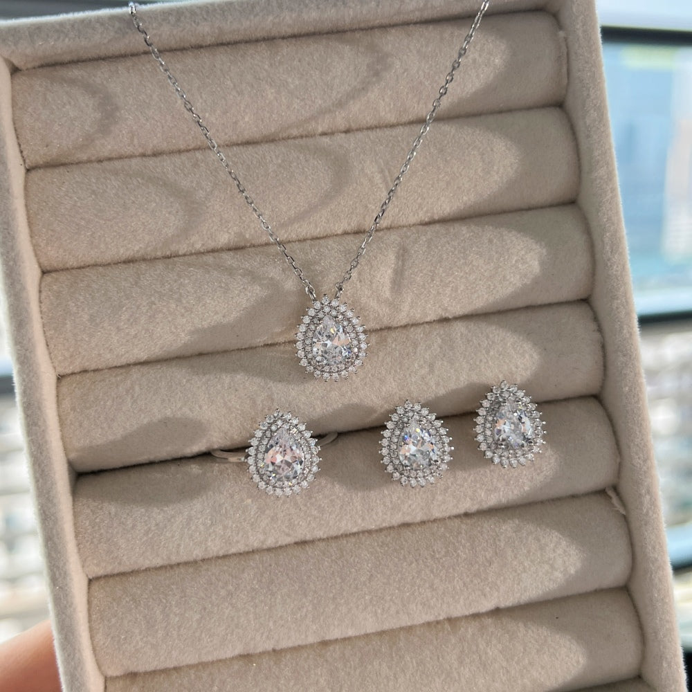 Double Halo CZ Teardrop Ring