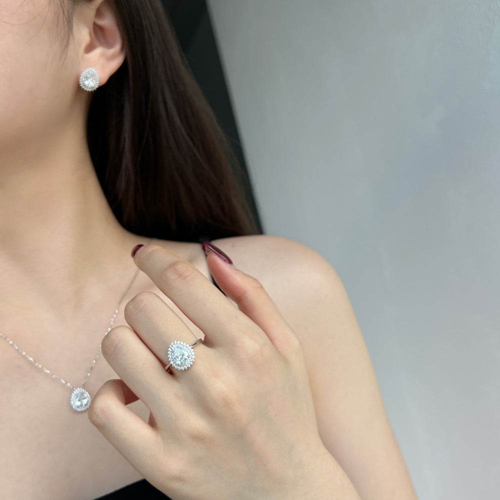 Double Halo CZ Teardrop Ring