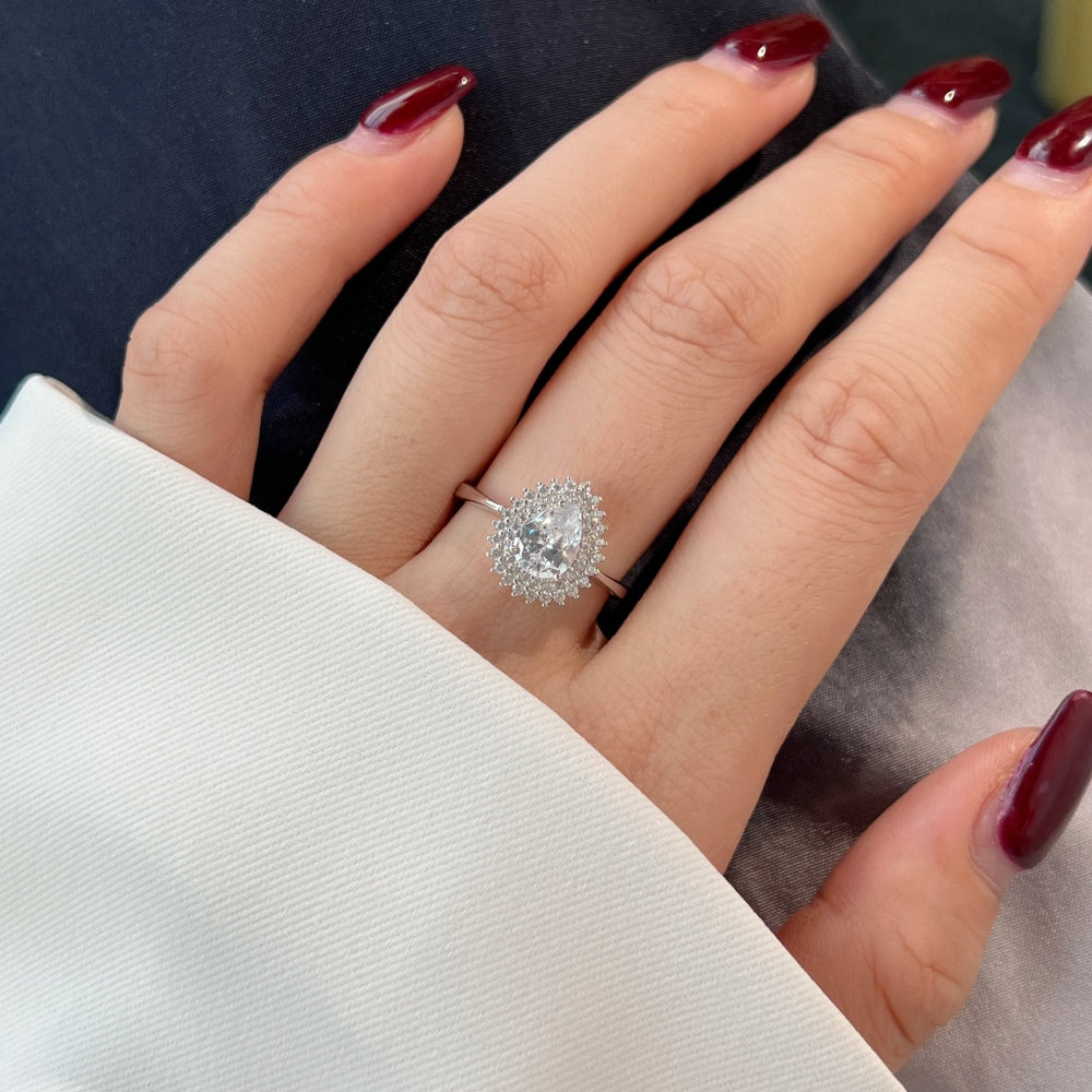 Double Halo CZ Teardrop Ring