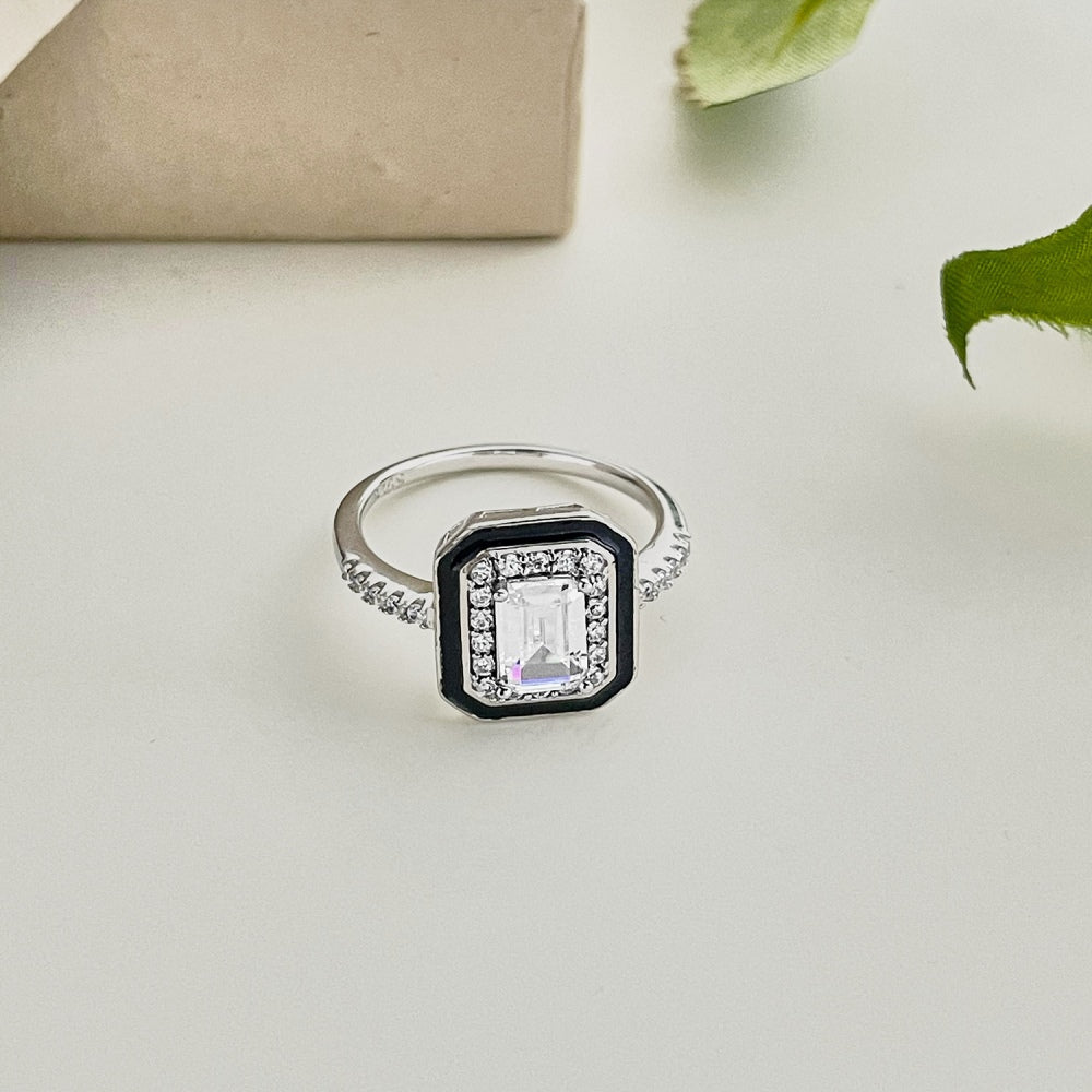 CZ and Black Enamel Rectangle Ring