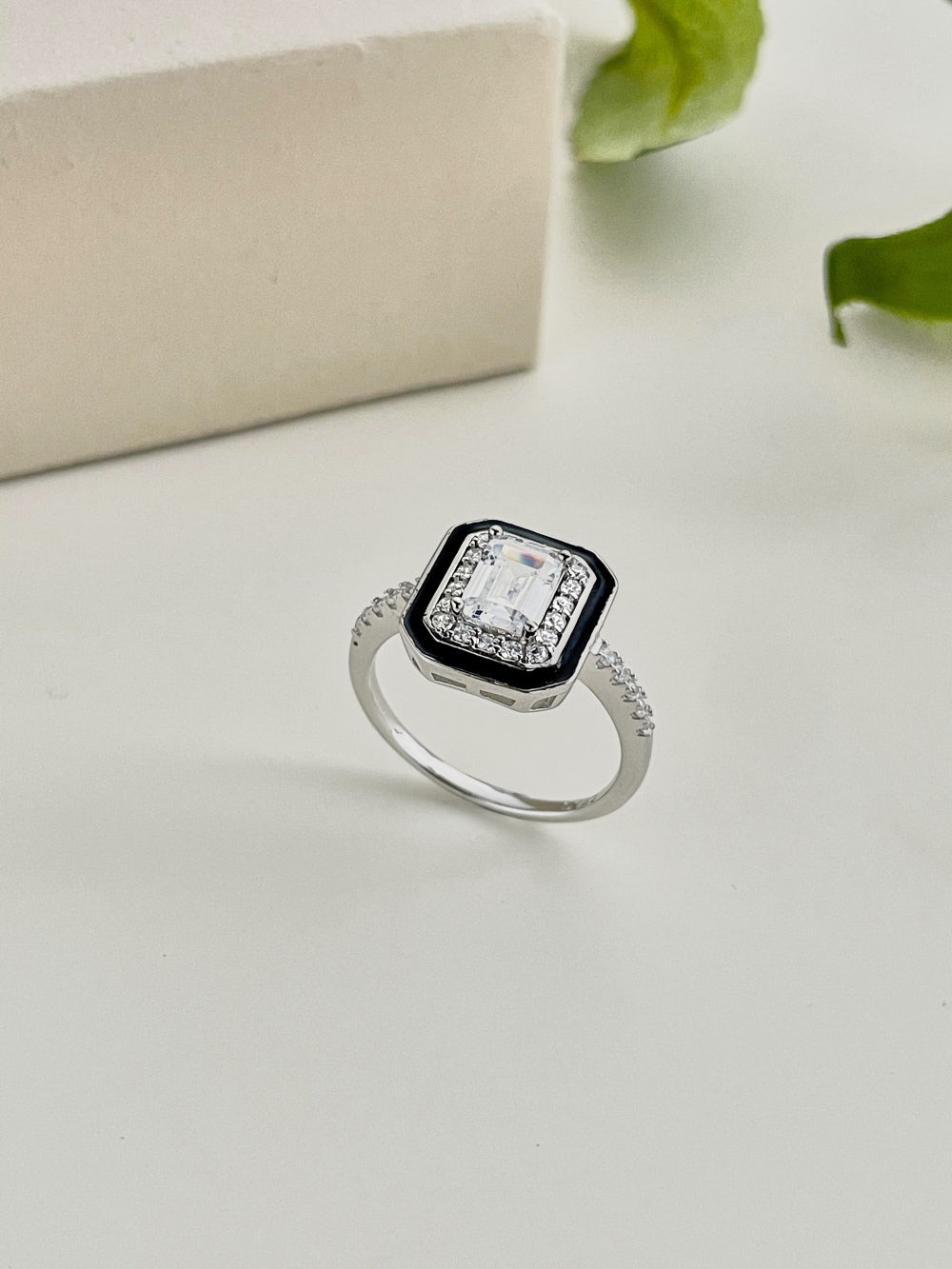 CZ and Black Enamel Rectangle Ring