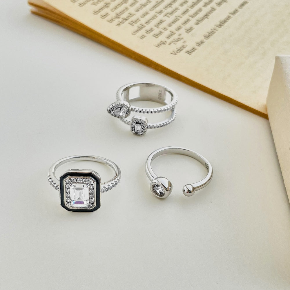 CZ and Black Enamel Rectangle Ring