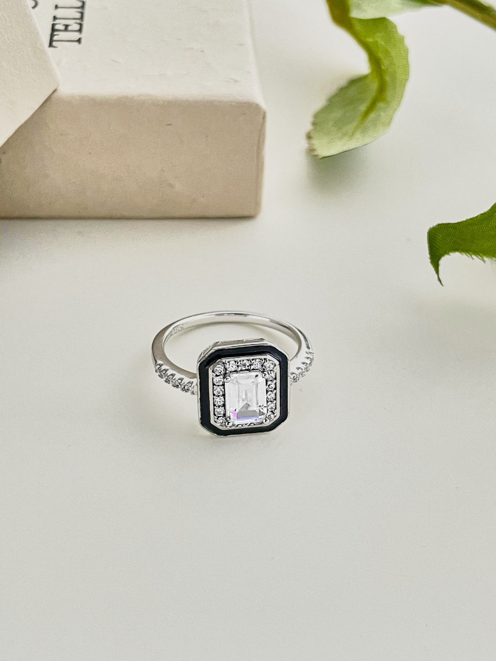 CZ and Black Enamel Rectangle Ring