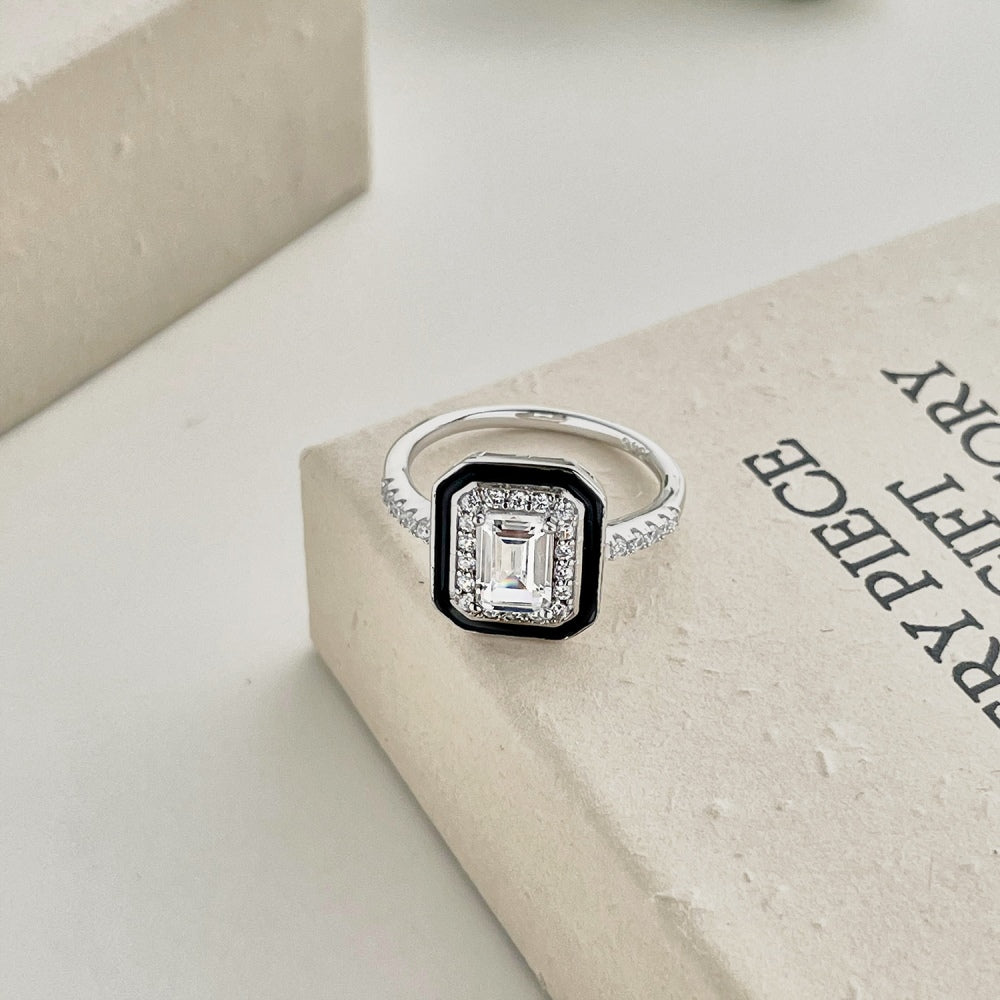 CZ and Black Enamel Rectangle Ring