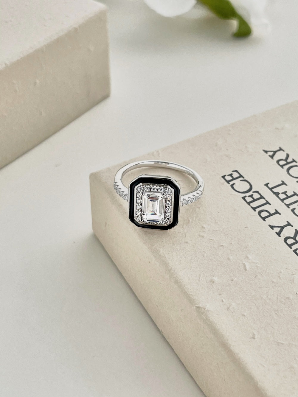 CZ and Black Enamel Rectangle Ring