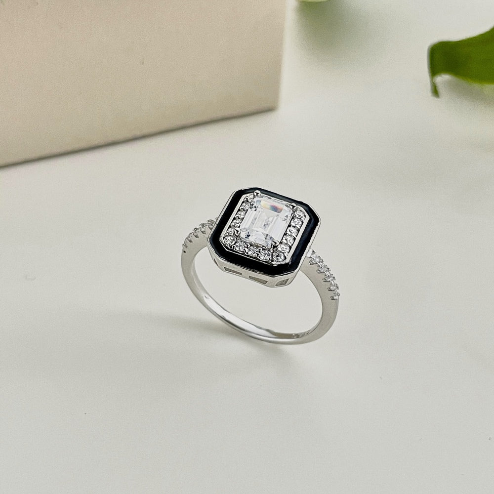 CZ and Black Enamel Rectangle Ring