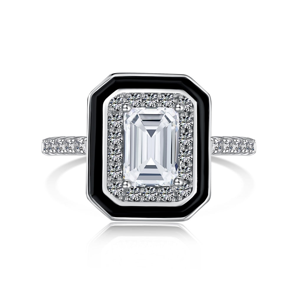 CZ and Black Enamel Rectangle Ring