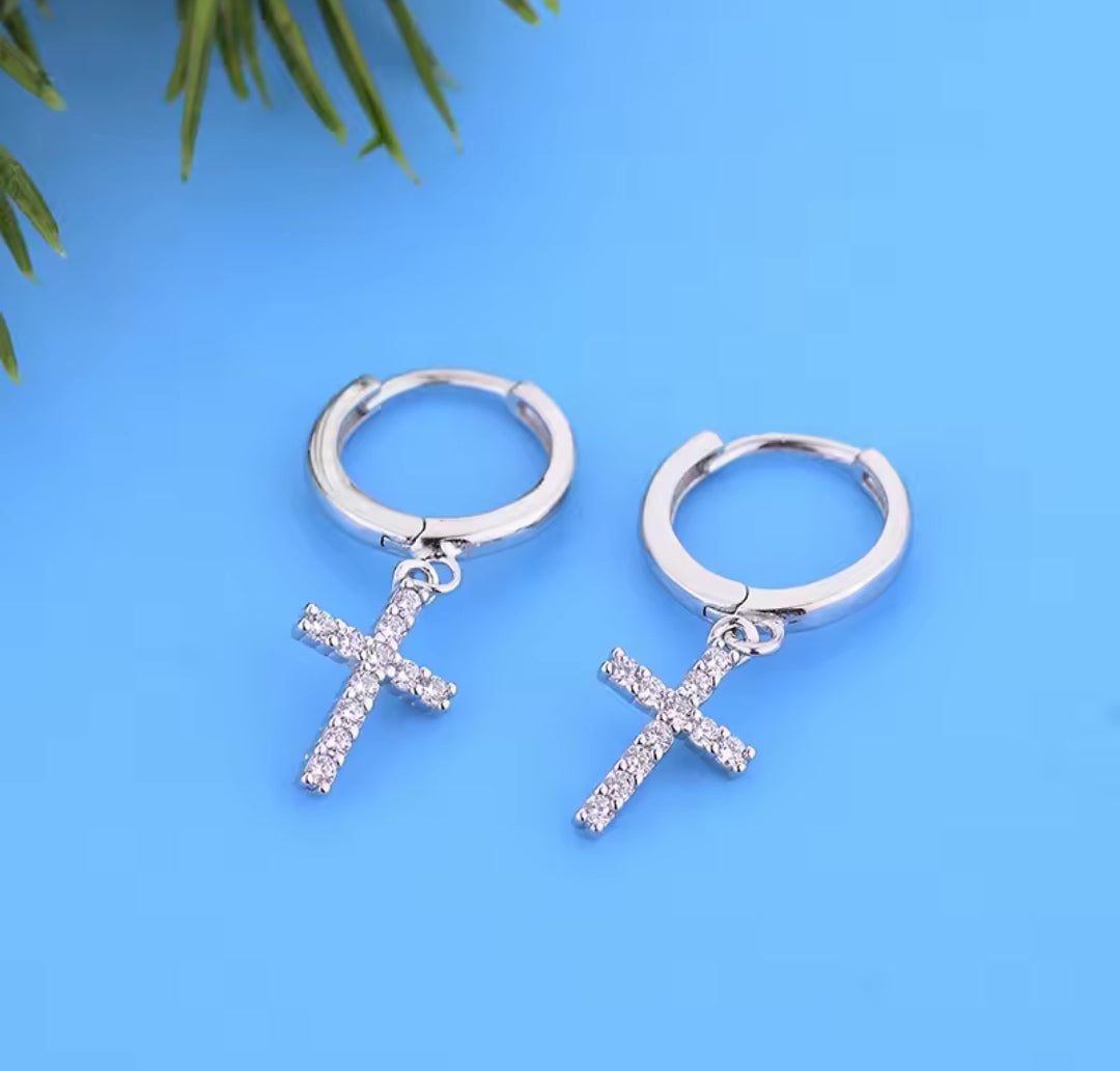 Cross CZ Hoop Earrings