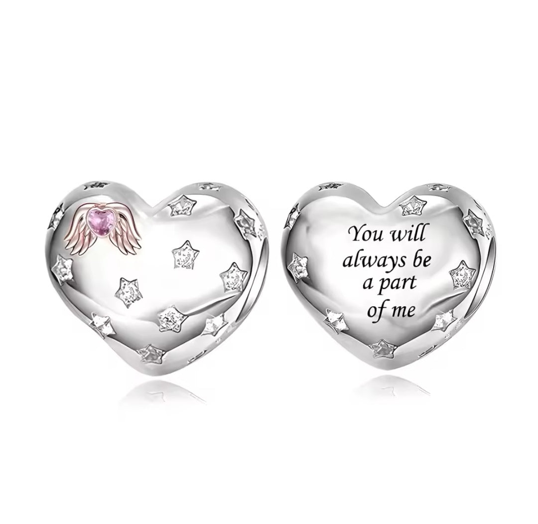 Heart "You Will Always Be a Part of Me" Bead Charm – Silver Memorial Jewelry, Remembrance Keepsake, Angel Wing Charm