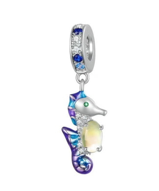925 Sterling Silver Bue and Purple Moonstone Sea Horse Dangle Charm