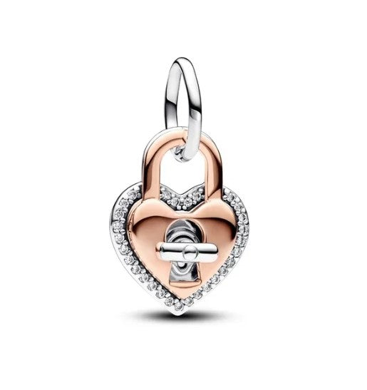 and Rose Gold Lock Heart Dangle Charm
