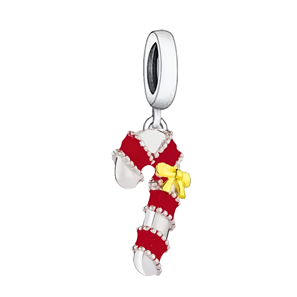 Red and Silver Candy Cane Gold Bow Dangle Charm