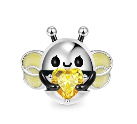 Bee Holding Yellow Heart CZ Bead Charm