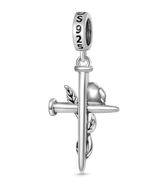 Cross Nailed with Rose Vine Dangle Charm