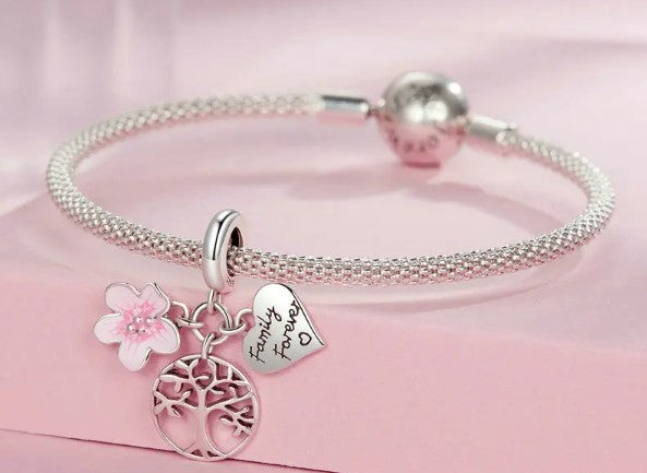 Family Forever Heart, Flower and Family Tree Tripple Dangle Charm