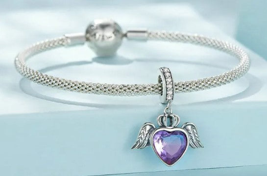 Guardian Angel Wings Purple Heart Dangle Charm