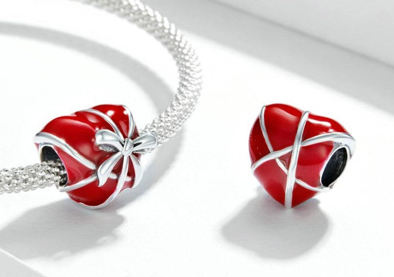 Red Bowknot Heart Bead Charm