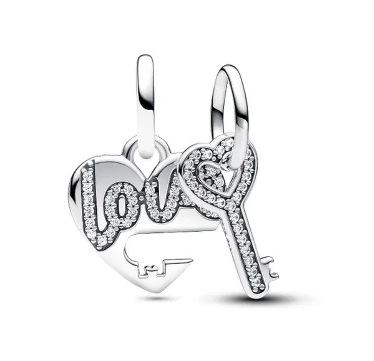 Love Heart and Key Dangle Charm SET