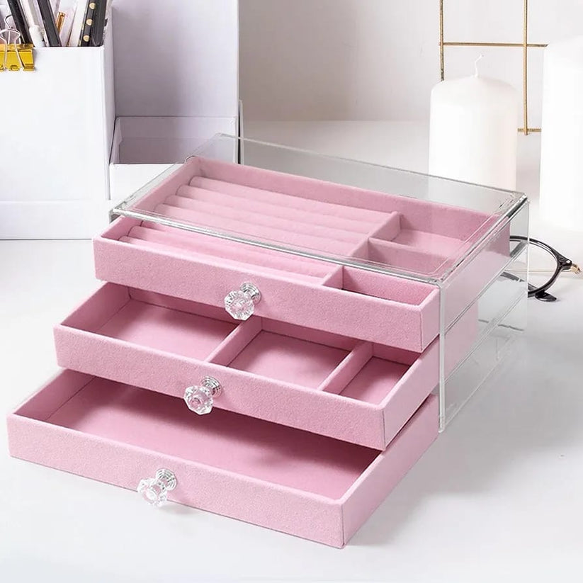 Luxury Acrylic 3-Drawer Jewellery Organizer – Velvet Lined & Crystal Handle Storage Box