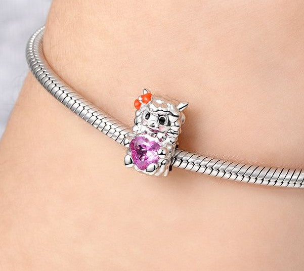 Sheep Holding Red CZ Heart Bead Charm